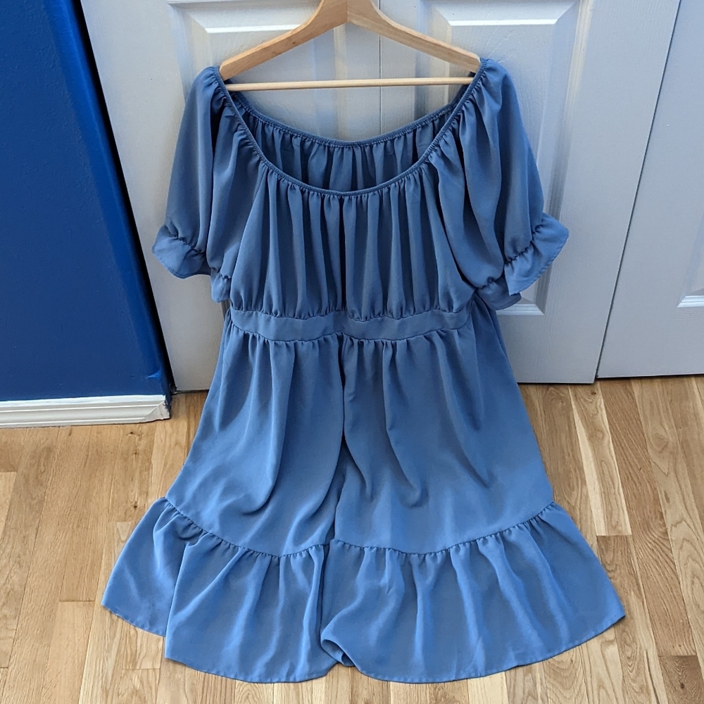 Plus Blue Ruffle Puffed Sleeve Dress